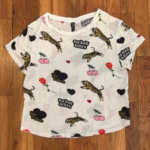 Divided White Graphic Tee with Tiger and Cherry Print